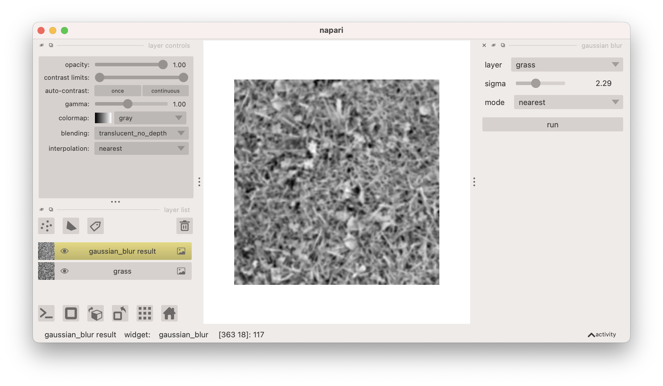 Screenshot of napari UI with a docked widget on the right for applying scikit-image filters